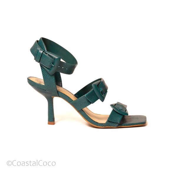 Vince Camuto Jeminstie Sandals 9 Turquoise Heel Leather Strappy Cocktail Wedding - Picture 1 of 10